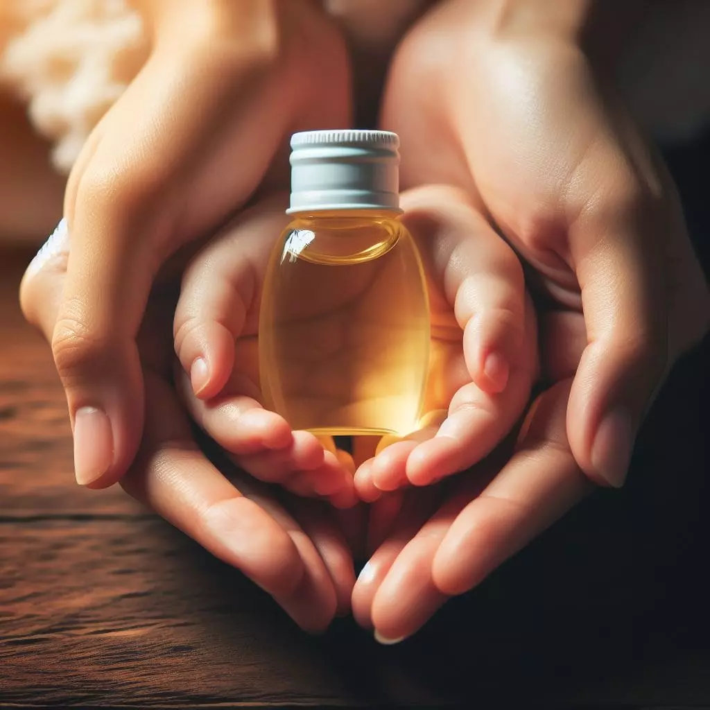 Adult and baby hands holding oil